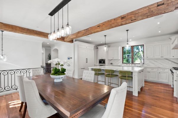 Dining room, Interior, Kitchen, Pendant Lights, Recessed Lighting, Stainless Steel Appliances, Wood Texture Flooring