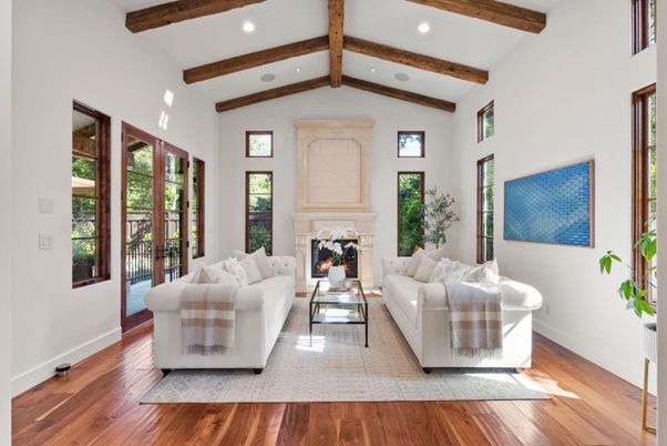 Fireplace, Interior, Living room, Recessed Lighting, Wooden Beams, Wood Texture Flooring