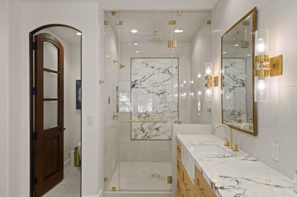 Bathroom, Glass Shower, Interior, Marble Walls, Recessed Lighting