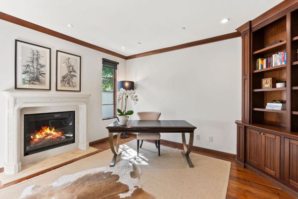 Fireplace, Home Office, Interior, Recessed Lighting, Wood Texture Flooring