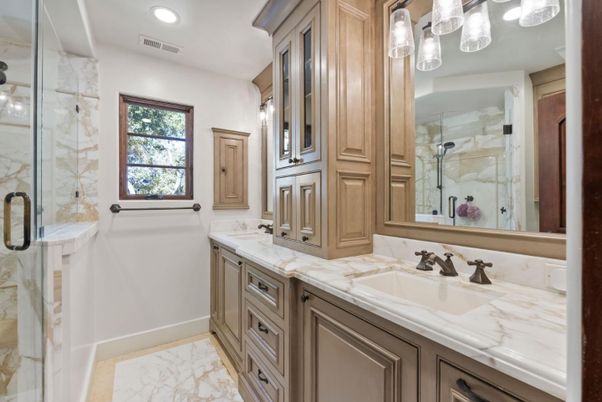 Bathroom, Dual Sink Vanities, Glass Shower, Interior, Marble, Marble Walls, Recessed Lighting
