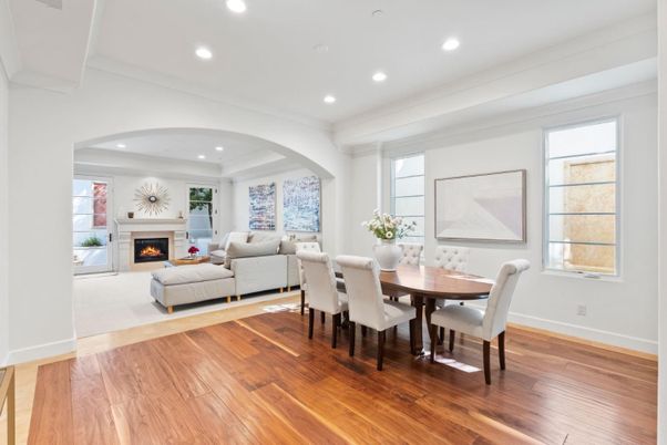 Dining room, Fireplace, Interior, Living room, Recessed Lighting, Wood Texture Flooring