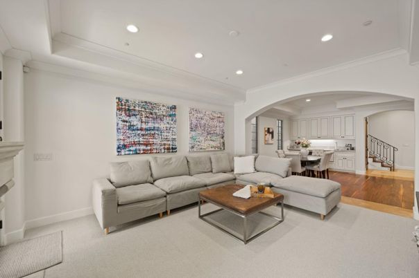Dining room, Fireplace, Interior, Living room, Recessed Lighting, Wood Texture Flooring