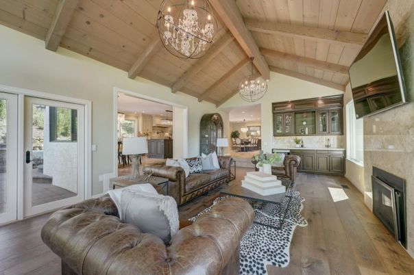 Chandelier, Fireplace, Interior, Kitchen, Living room, Pendant Lights, Wooden Beams, Wooden Ceilings, Wood Texture Flooring