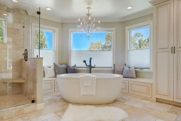 Bathroom, Chandelier, Free Standing Baths, Glass Shower, Interior, Recessed Lighting