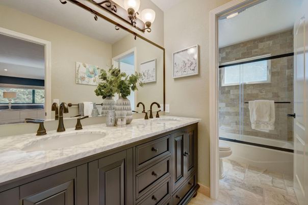 Bathroom, Dual Sink Vanities, Glass Shower, Interior, Stone Walls