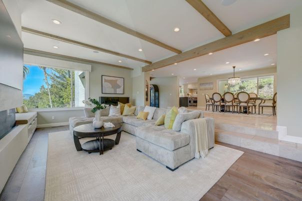 Chandelier, Dining room, Fireplace, Interior, Kitchen, Living room, Recessed Lighting, Wooden Beams, Wood Texture Flooring