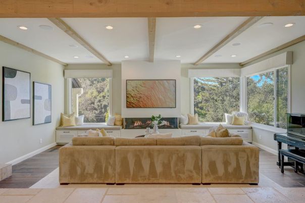 Fireplace, Interior, Living room, Piano, Recessed Lighting, Wooden Beams