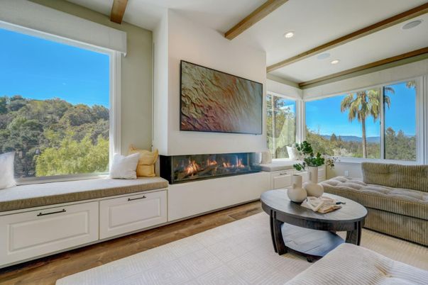Fireplace, Interior, Recessed Lighting, Wooden Beams, Wood Texture Flooring