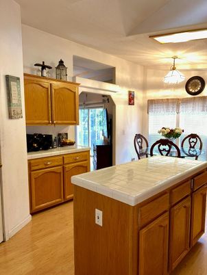 Dining room, Interior, Kitchen, Tile Countertops, Wood Texture Flooring