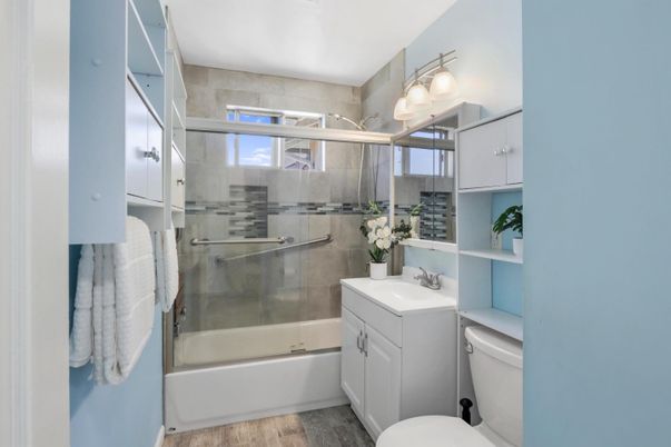 Bathroom, Glass Shower, Interior, Wood Texture Flooring