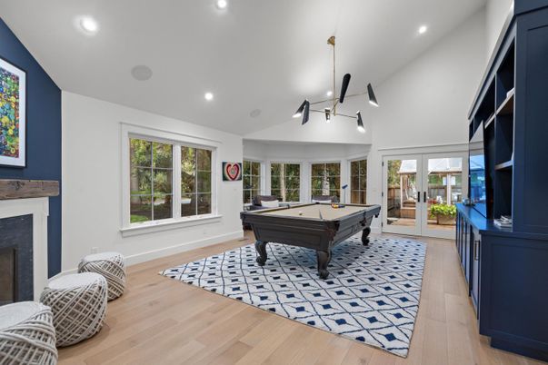 Billiard Table, Fireplace, Game Room, Interior, Pendant Lights, Recessed Lighting, Wood Texture Flooring