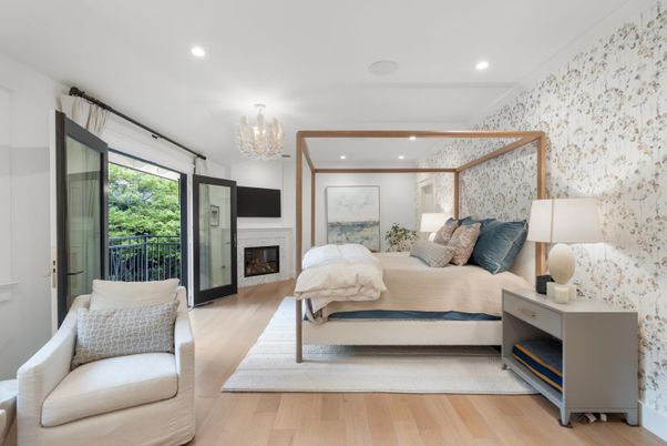 Bedroom, Chandelier, Fireplace, Interior, Recessed Lighting, Wood Texture Flooring