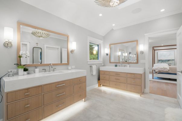 Bathroom, Bedroom, Dual Sink Vanities, Interior, Recessed Lighting, Wood Texture Flooring