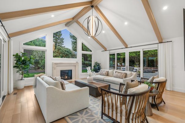Fireplace, Interior, Living room, Pendant Lights, Recessed Lighting, Wooden Beams, Wood Texture Flooring