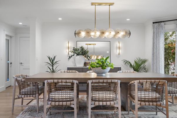Dining room, Interior, Pendant Lights, Recessed Lighting, Wood Texture Flooring