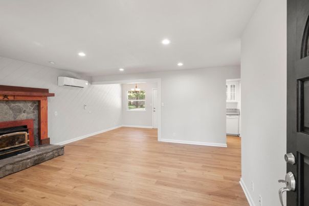Empty room, Fireplace, Interior, Recessed Lighting, Wood Texture Flooring