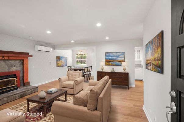 Dining room, Fireplace, Interior, Living room, Pendant Lights, Recessed Lighting, Wood Texture Flooring