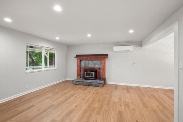 Empty room, Fireplace, Interior, Recessed Lighting, Wood Texture Flooring