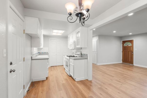 Chandelier, Interior, Kitchen, Recessed Lighting, Wood Texture Flooring