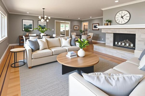 Dining room, Fireplace, Interior, Living room, Pendant Lights, Recessed Lighting, Wood Texture Flooring