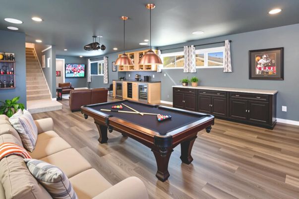 Billiard Table, Game Room, Interior, Pendant Lights, Recessed Lighting, Wood Texture Flooring
