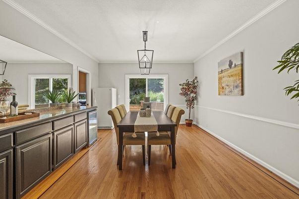 Dining room, Interior, Pendant Lights, Wood Texture Flooring