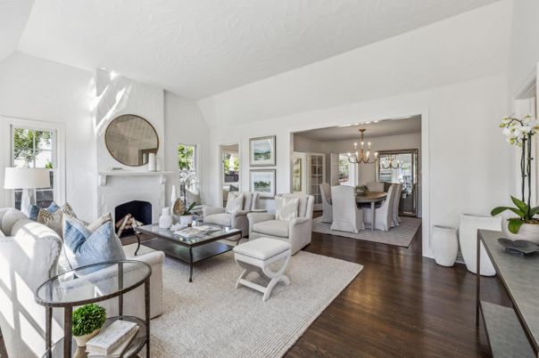 Chandelier, Dining room, Fireplace, Interior, Living room, Wood Texture Flooring