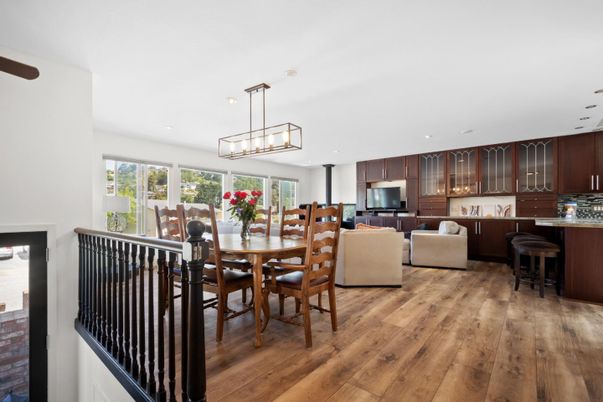 Dining room, Interior, Living room, Pendant Lights, Recessed Lighting, Wood Texture Flooring