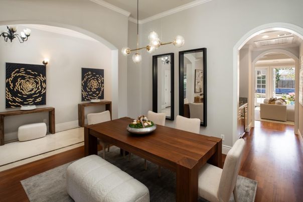 Dining room, Interior, Pendant Lights, Wood Texture Flooring