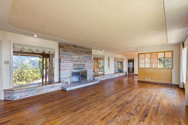 Empty room, Fireplace, Interior, Recessed Lighting, Wood Texture Flooring