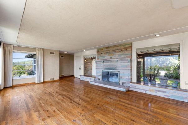 Empty room, Fireplace, Interior, Recessed Lighting, Wood Texture Flooring