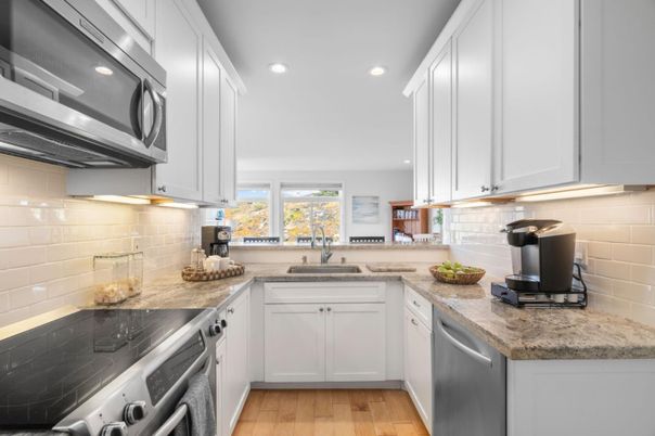 Interior, Kitchen, Recessed Lighting, Stainless Steel Appliances, Wood Texture Flooring