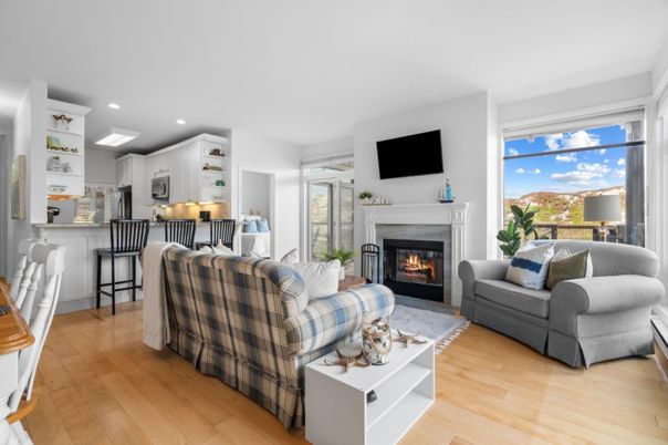 Fireplace, Interior, Kitchen, Living room, Recessed Lighting, Wood Texture Flooring