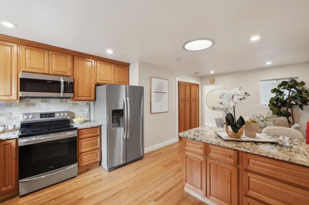 Interior, Kitchen, Recessed Lighting, Stainless Steel Appliances, Wood Texture Flooring