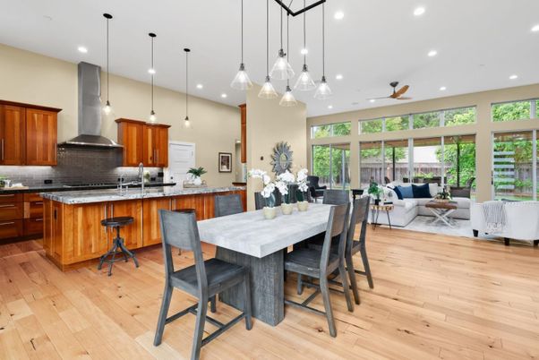 Dining room, Interior, Kitchen, Living room, Pendant Lights, Recessed Lighting, Wood Texture Flooring