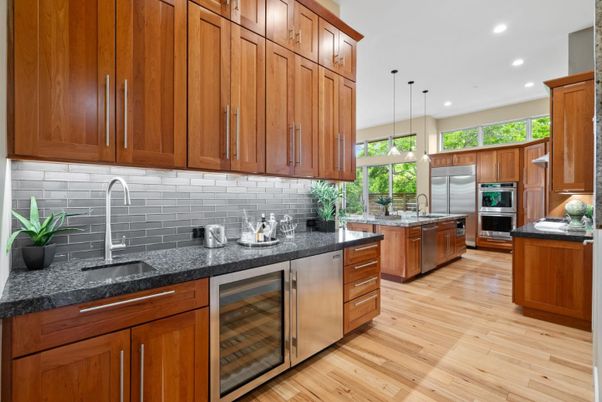 Interior, Kitchen, Pendant Lights, Recessed Lighting, Stainless Steel Appliances, Wood Texture Flooring
