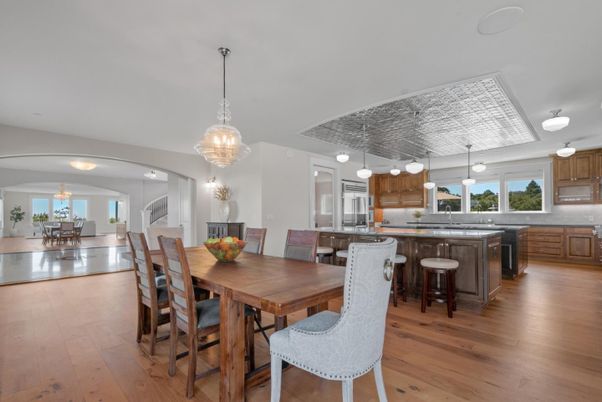 Dining room, Interior, Kitchen, Pendant Lights, Wood Texture Flooring