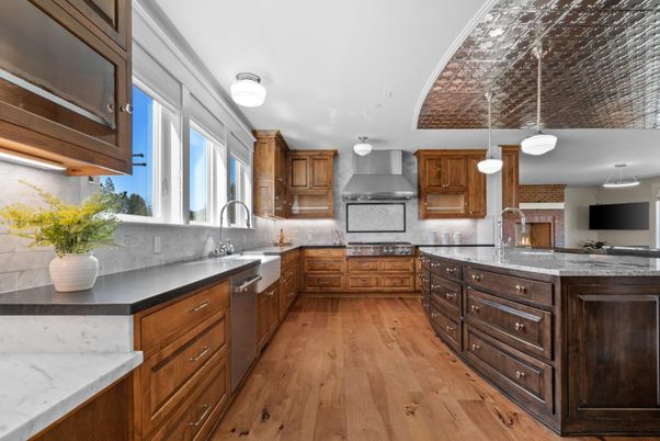 Fireplace, Interior, Kitchen, Pendant Lights, Stainless Steel Appliances, Wood Texture Flooring