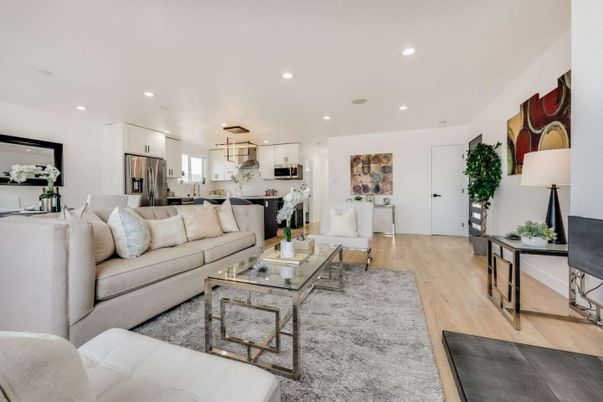 Interior, Kitchen, Living room, Recessed Lighting, Stainless Steel Appliances, Wood Texture Flooring