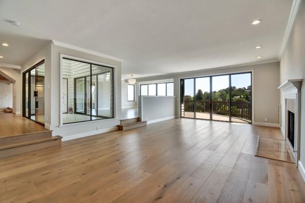 Empty room, Fireplace, Interior, Recessed Lighting, Wood Texture Flooring