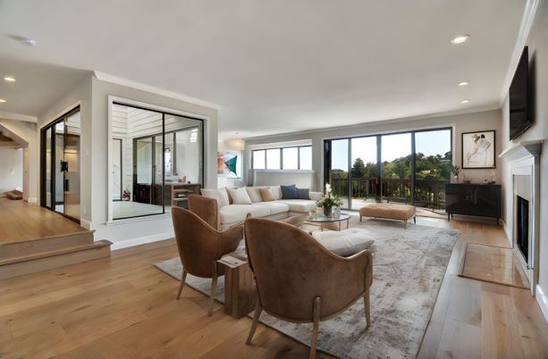 Fireplace, Interior, Living room, Recessed Lighting, Wood Texture Flooring