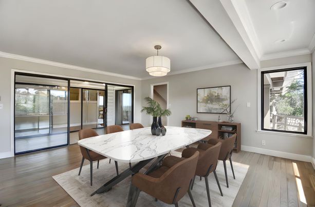 Dining room, Interior, Pendant Lights, Wood Texture Flooring
