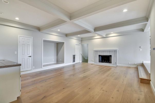 Empty room, Fireplace, Interior, Recessed Lighting, Wood Texture Flooring