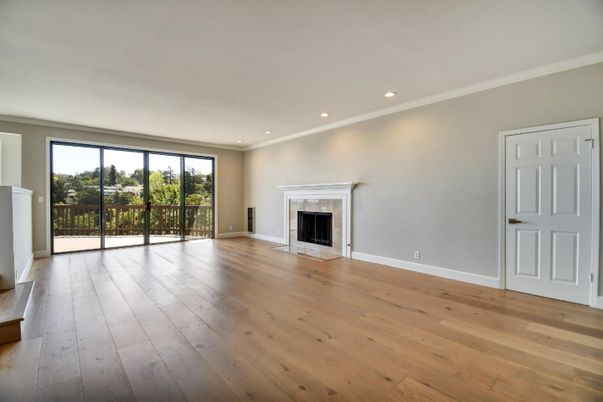 Empty room, Fireplace, Interior, Recessed Lighting, Wood Texture Flooring