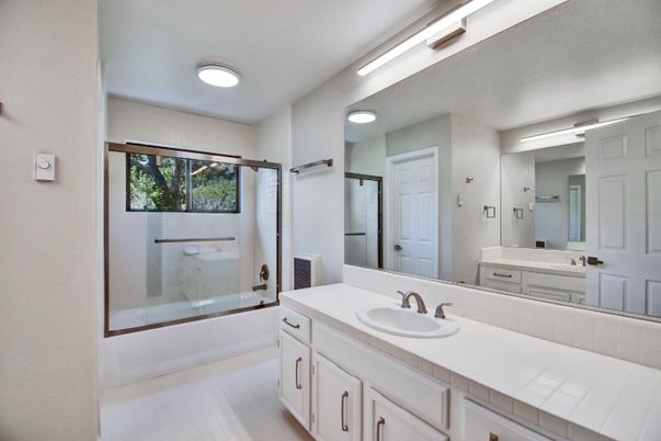 Bathroom, Dual Sink Vanities, Glass Shower, Interior, Tile Countertops