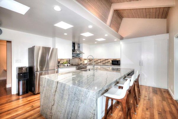 Interior, Kitchen, Recessed Lighting, Stainless Steel Appliances, Wooden Ceilings, Wood Texture Flooring