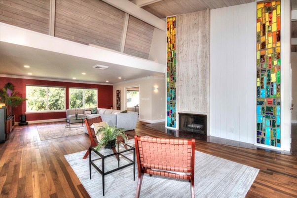 Fireplace, Interior, Living room, Recessed Lighting, Wooden Ceilings, Wood Texture Flooring