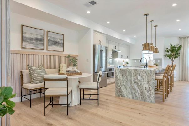 Dining room, Interior, Kitchen, Pendant Lights, Recessed Lighting, Stainless Steel Appliances, Wood Texture Flooring