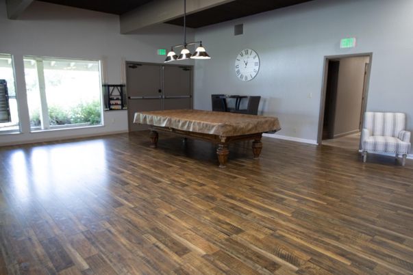 Billiard Table, Game Room, Interior, Pendant Lights, Wood Texture Flooring